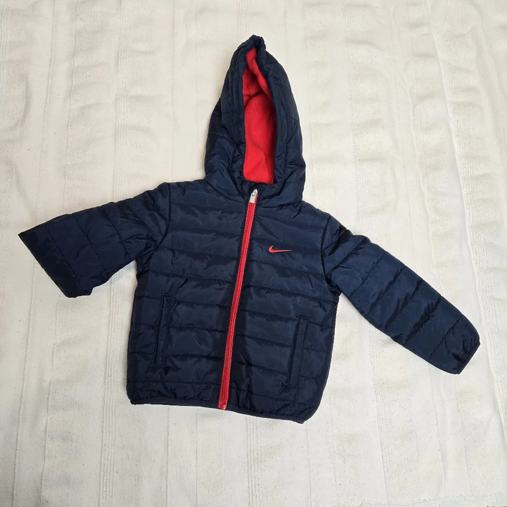 Nike Toddler Boys Puffer Hooded‎ Jacket Size 2T Full Zip Navy &  Red